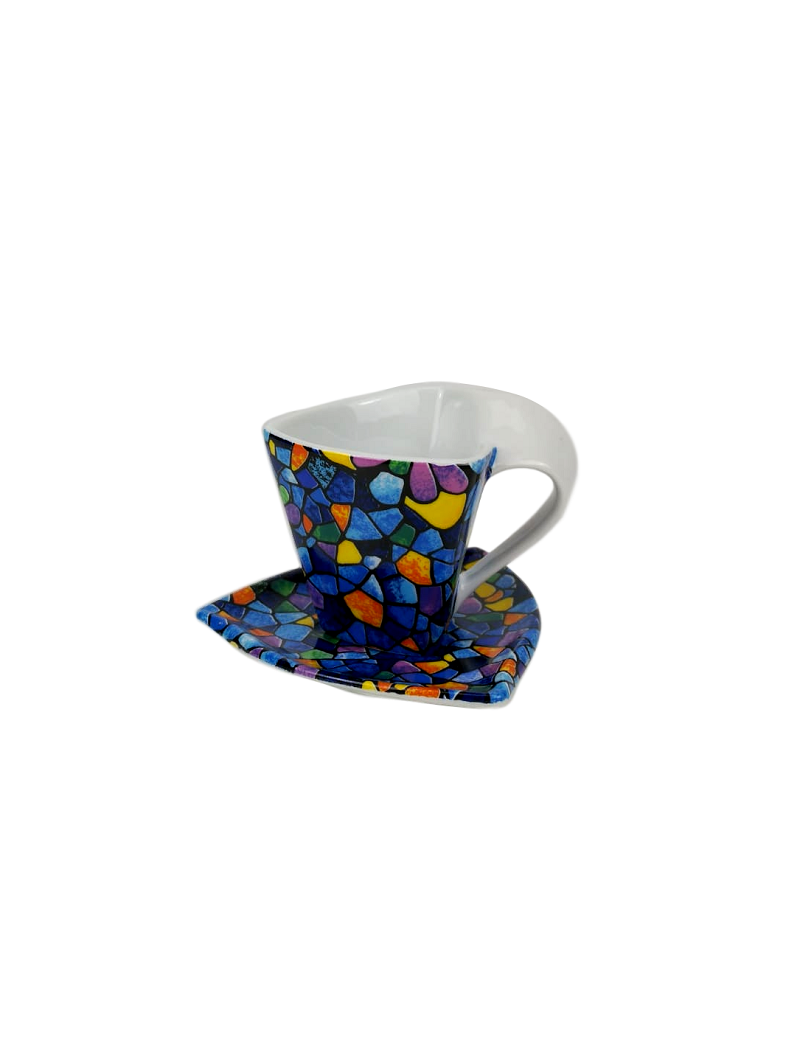 Tasse triangulaire avec sous- tasse en vitrail