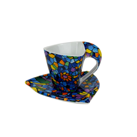 Tasse triangulaire avec sous- tasse en vitrail