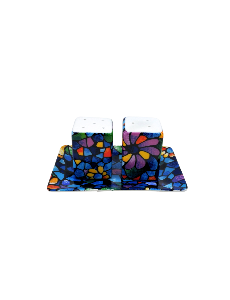 Salière et poivrière + plateau Mosaique