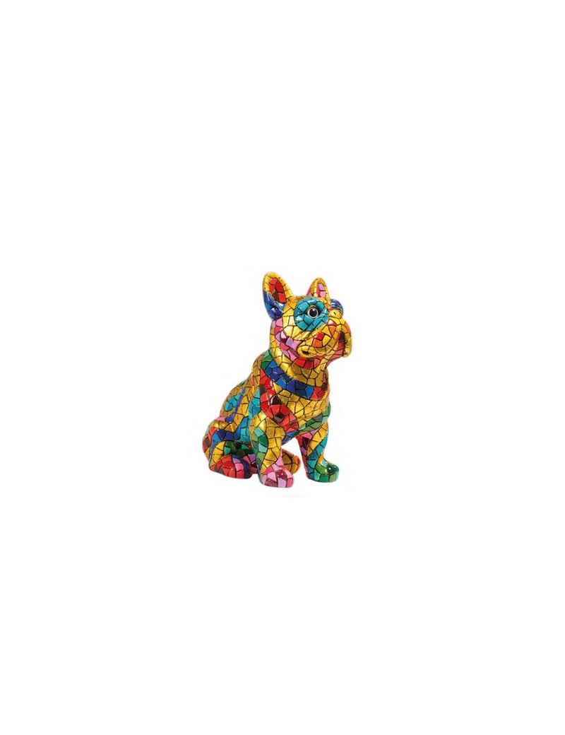 Bouledogue décoratif de style Gaudí – Figurine en résine peinte à la main avec mosaïque de trencadís dorée