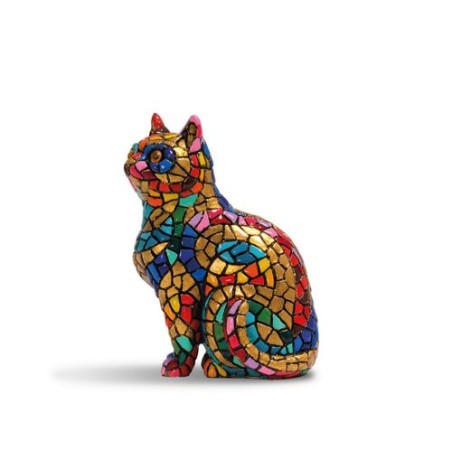 Decorative Cat in Gaudi style – Hand-painted resin figure with golden trencadis mosaic