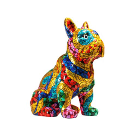 Bulldog decorativo estilo Gaudí – Figura de resina pintada a mano con trencadís dorado