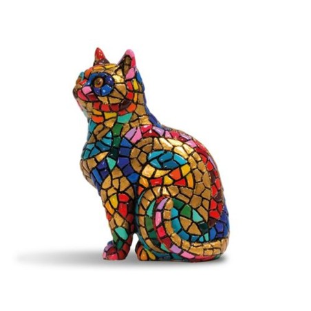 Decorative Cat in Gaudi style – Hand-painted resin figure with golden trencadis mosaic