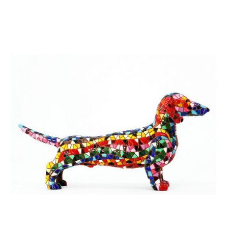 Chien teckel décoratif de style Gaudí – Figurine en résine peinte à la main avec motif « trencadís »